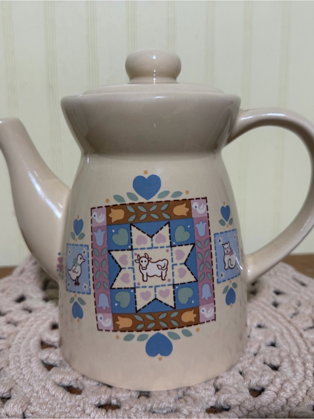 Cream Ceramic Teapot with Pastel Farmhouse Quilt Motif